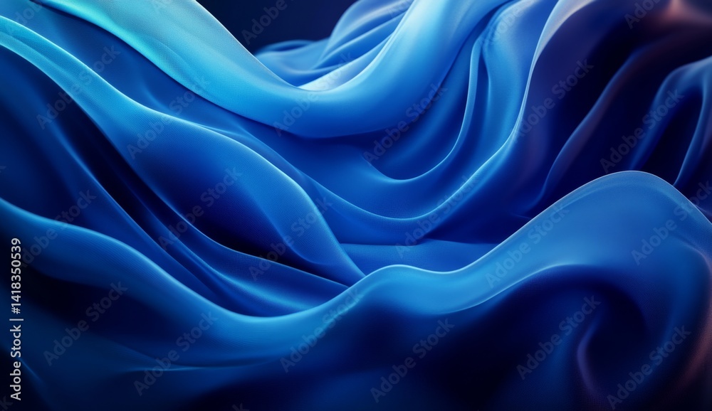 Fototapeta premium Abstract blue fabric waves, flowing silk texture.