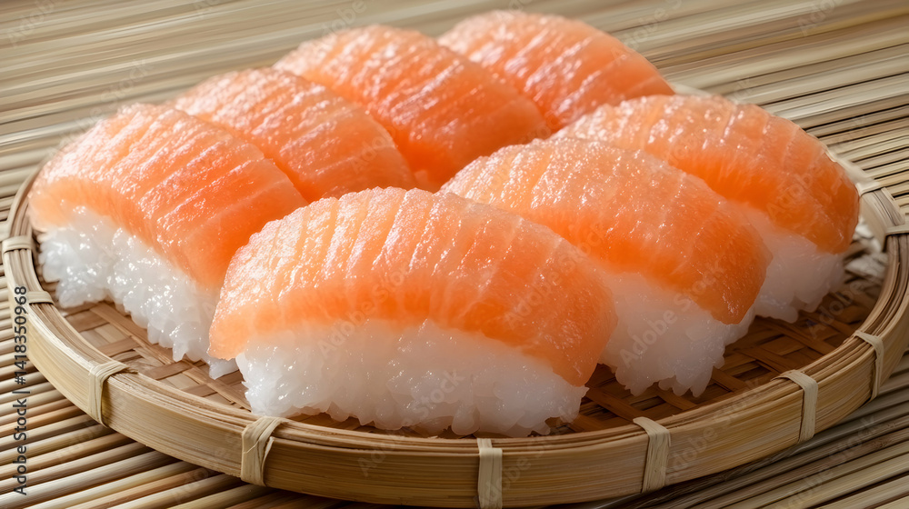 Delicious salmon nigiri sushi arranged on a rustic bamboo tray. Close-up shot highlighting the vibrant color and texture of the fresh fish. Delicious salmon nigiri sushi arranged on a rustic bamboo tray. Close-up shot highlighting the vibrant color and texture of the fresh fish.