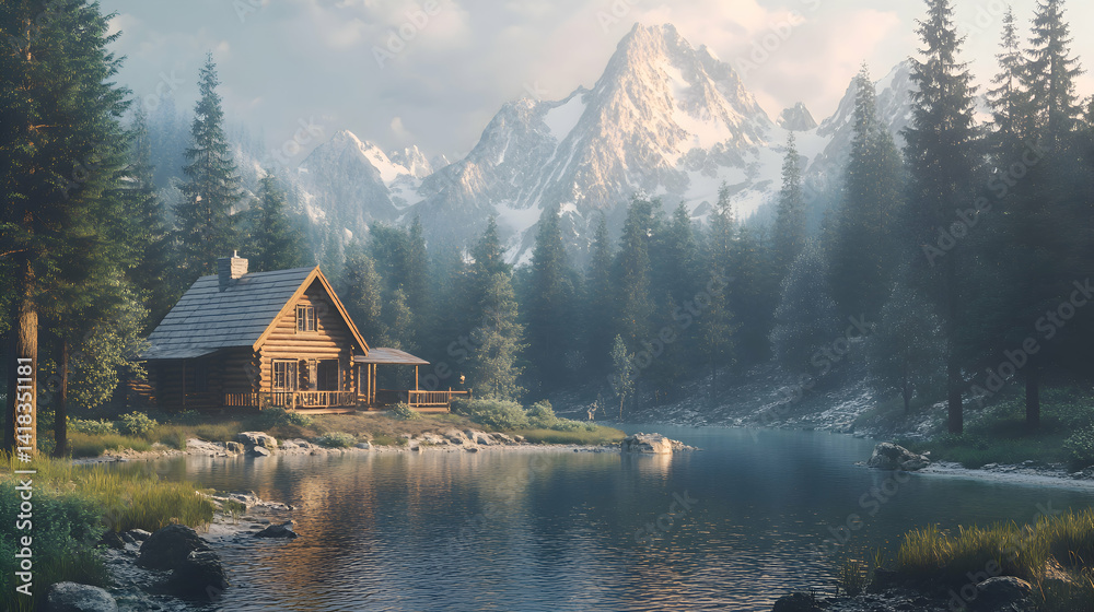 Fototapeta premium A peaceful mountain retreat with a log cabin nestled among pine trees, overlooking a serene lake