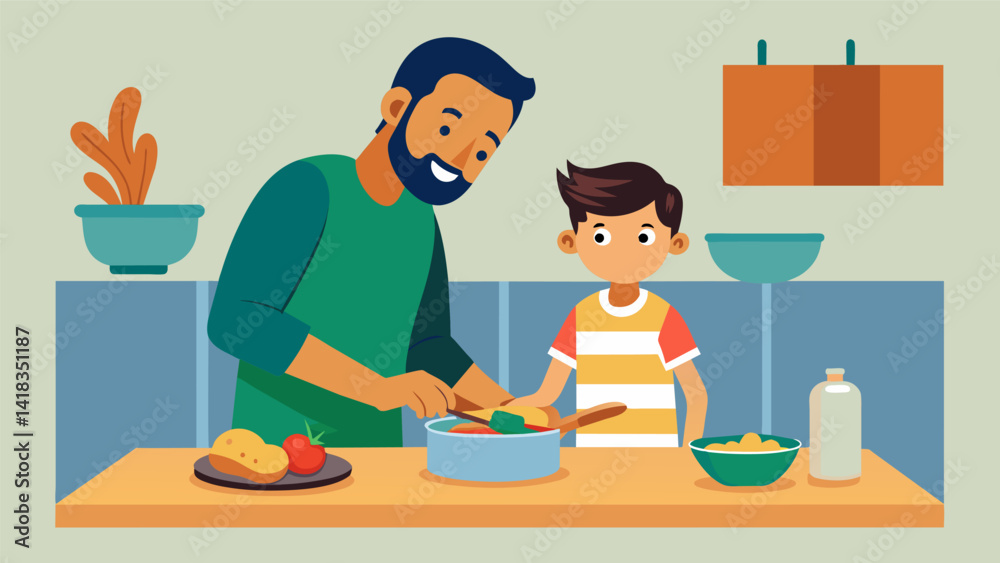 A father and son bonding while preparing a homemade chicken and rice dish to bring to the nearby homeless shelter.. Vector illustration A father and son bonding while preparing a homemade chicken and rice dish to bring to the nearby homeless shelter.. Vector illustration
