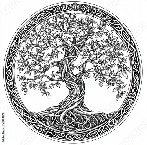 Detailed illustration, of the tree of life within an intricate Celtic knotwork circular frame.