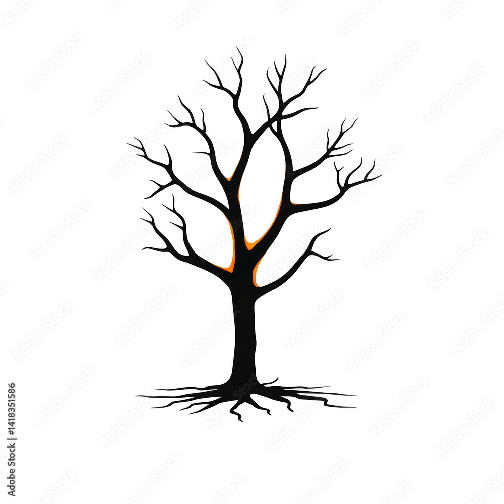 Fototapeta premium simple illustration of leafless tree with dark branches and roots, highlighted by subtle orange glow, creating stark and artistic contrast against background