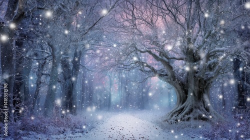 A mystical winter wonderland filled with radiant lights and delicate snowflakes drifting downwards
