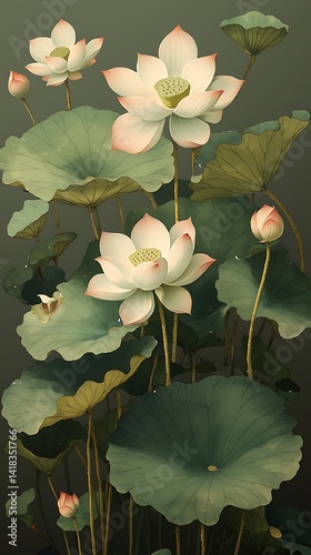 Delicate lotus blossoms in a serene aquatic scene.