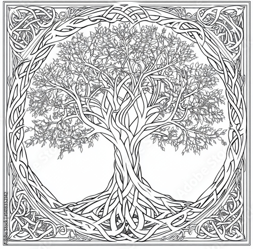 A detailed black and white tree of life illustration with celtic border art