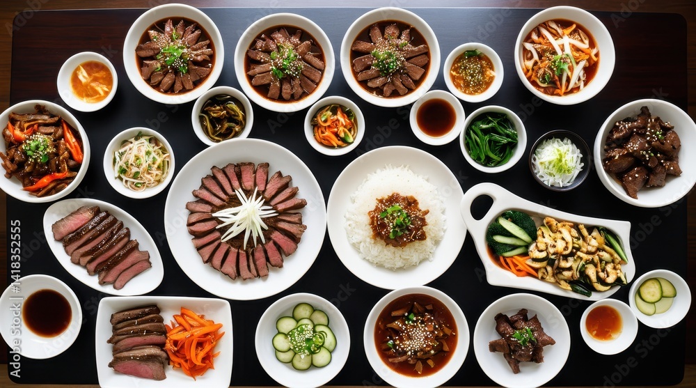 An array of Korean dishes featuring grilled meat, rice, and vibrant vegetables artfully arranged on a table, showcasing traditional culinary delights An array of Korean dishes featuring grilled meat, rice, and vibrant vegetables artfully arranged on a table, showcasing traditional culinary delights