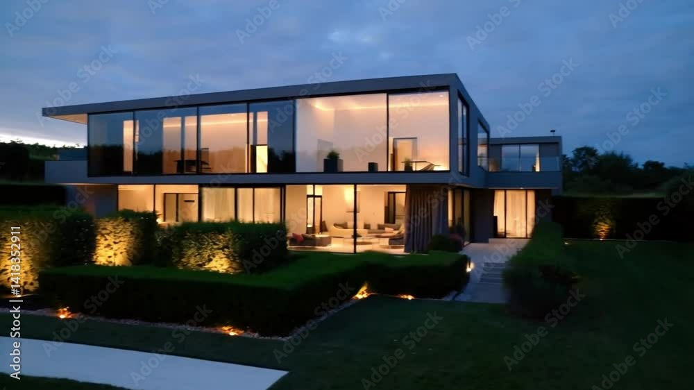 Exterior view of modern house with illuminated garden at twilight time Exterior view of modern house with illuminated garden at twilight time