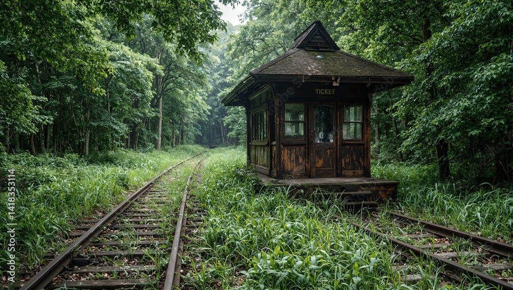 Abandoned 1940s train station in a forest rusted tracks cobwebbed ticket booth Haunting nostalgia and nature reclaiming mans creation Abandoned 1940s train station in a forest rusted tracks cobwebbed ticket booth Haunting nostalgia and nature reclaiming mans creation