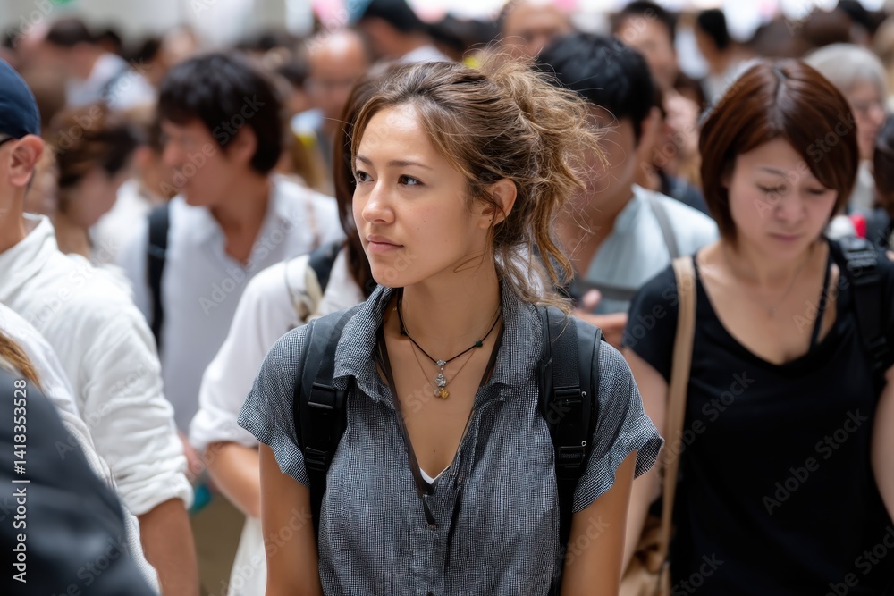 Obraz premium A confident woman walks through an urban crowd, embodying strength and determination, illustrating the balance between individuality and community in a vibrant city life.