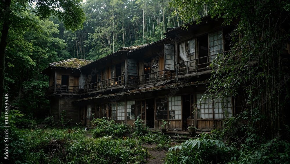 Rustic Japanese inn nestled in a lush forest with worn paper doors and overgrown verandas embodying serene decay Rustic Japanese inn nestled in a lush forest with worn paper doors and overgrown verandas embodying serene decay