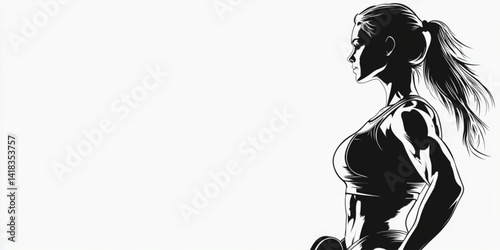 Illustration of a muscular woman in sportswear holding a dumbbell side view