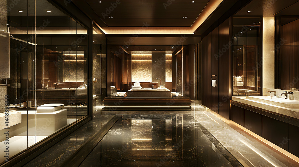 Obraz premium Luxurious modern bathroom interior design, featuring dark wood, marble, and glass. Elegant soaking tub and double vanity.
