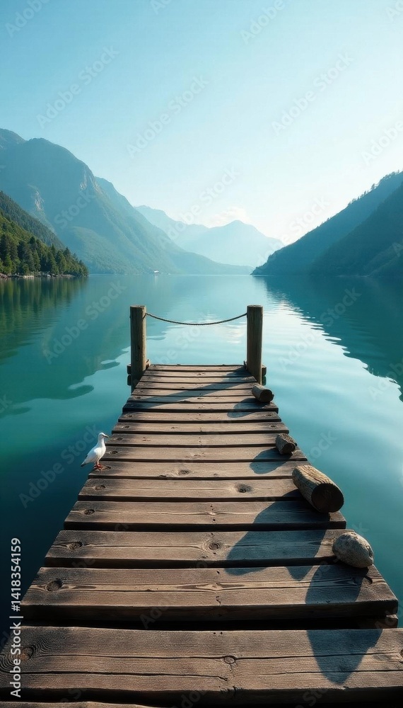 Fototapeta premium Old wooden dock extends over still lake water, calm, dock