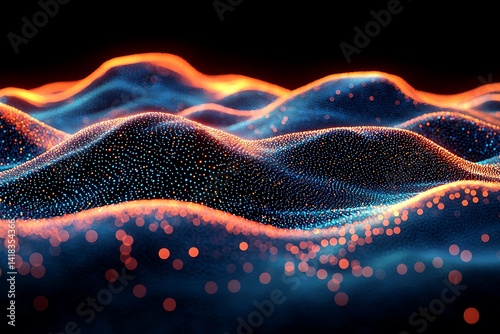 Dynamic, glowing network of interconnected particles forms undulating surface.