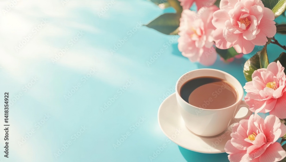 Cup of coffee with pink flowers on a light blue surface. Cup of coffee with pink flowers on a light blue surface.