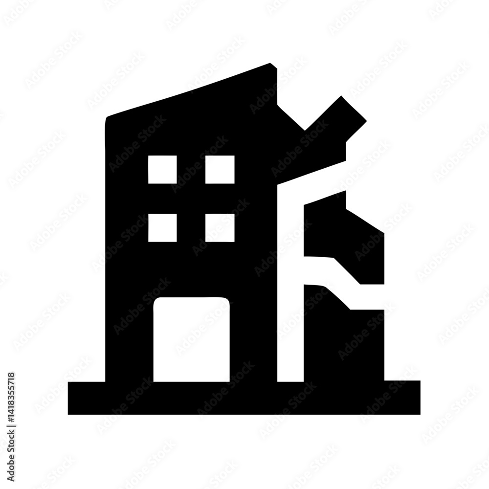 Icon of a damaged building to signify destruction or disrepair Icon of a damaged building to signify destruction or disrepair