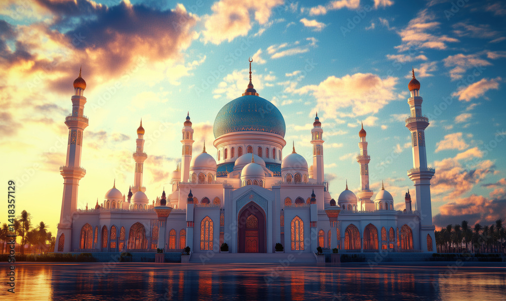 Obraz premium Stunning sunset view of a grand mosque with intricate architecture and serene reflections.