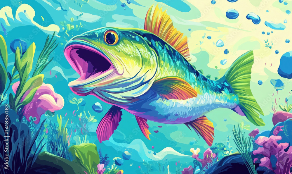 Fototapeta premium Vibrant underwater scene featuring a colorful bass fish swimming among coral and plants.