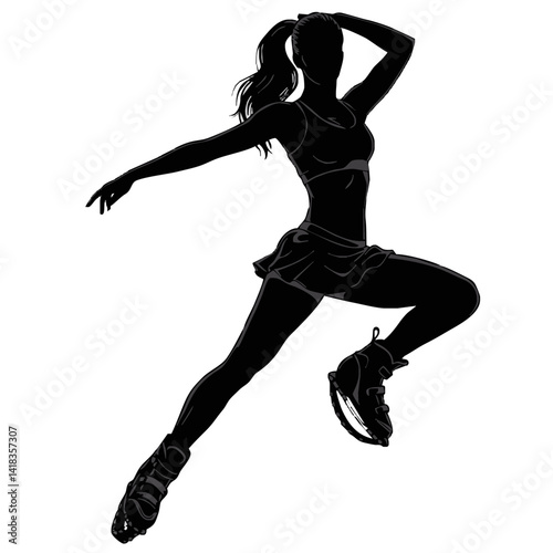 Energetic jumps in Kangoo Jumps boots - dynamic icon with female silhouette in motion.