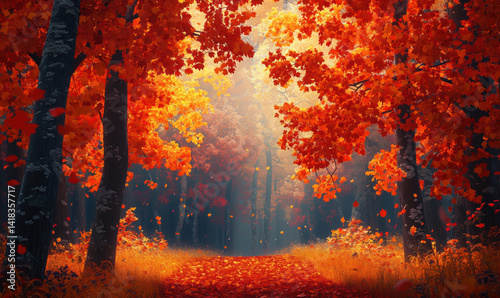 Vibrant autumn forest with orange leaves and misty pathway through trees.
