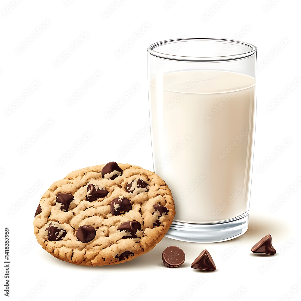 Chocolate chip cookies with milk, isolated white background, hyperrealism art style Chocolate chip cookies with milk, isolated white background, hyperrealism art style