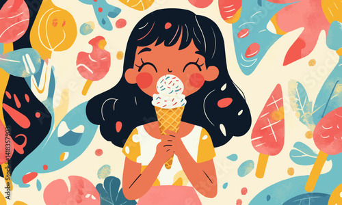 Joyful Girl Savoring Sweet Ice Cream Cone in Vibrant Whimsical Illustrated Style with Nostalgic 1950s Aesthetic