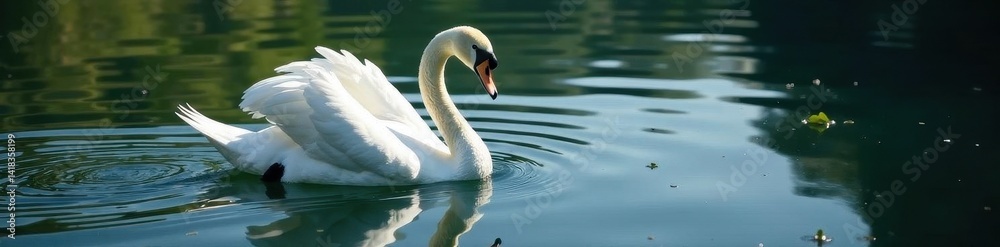 Fototapeta premium Single swan swimming, ripples spreading from its wings, outdoor, serene