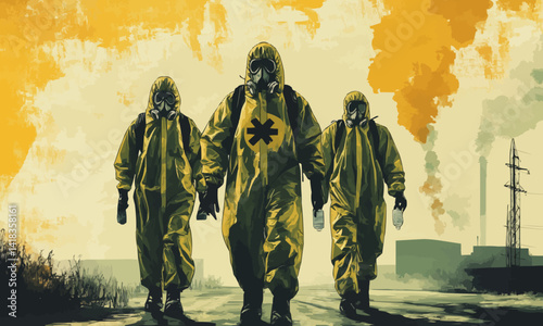 llustration of people in biohazard protective clothes suits disinfection pollution gas radioactive elements