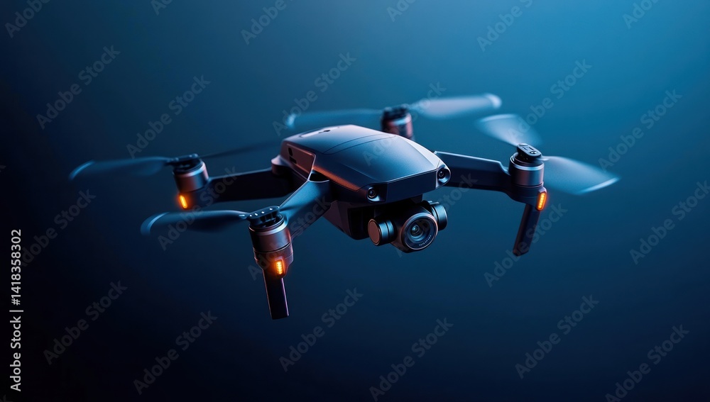 Fototapeta premium Dark drone with propellers and camera hovering in a dark blue background.