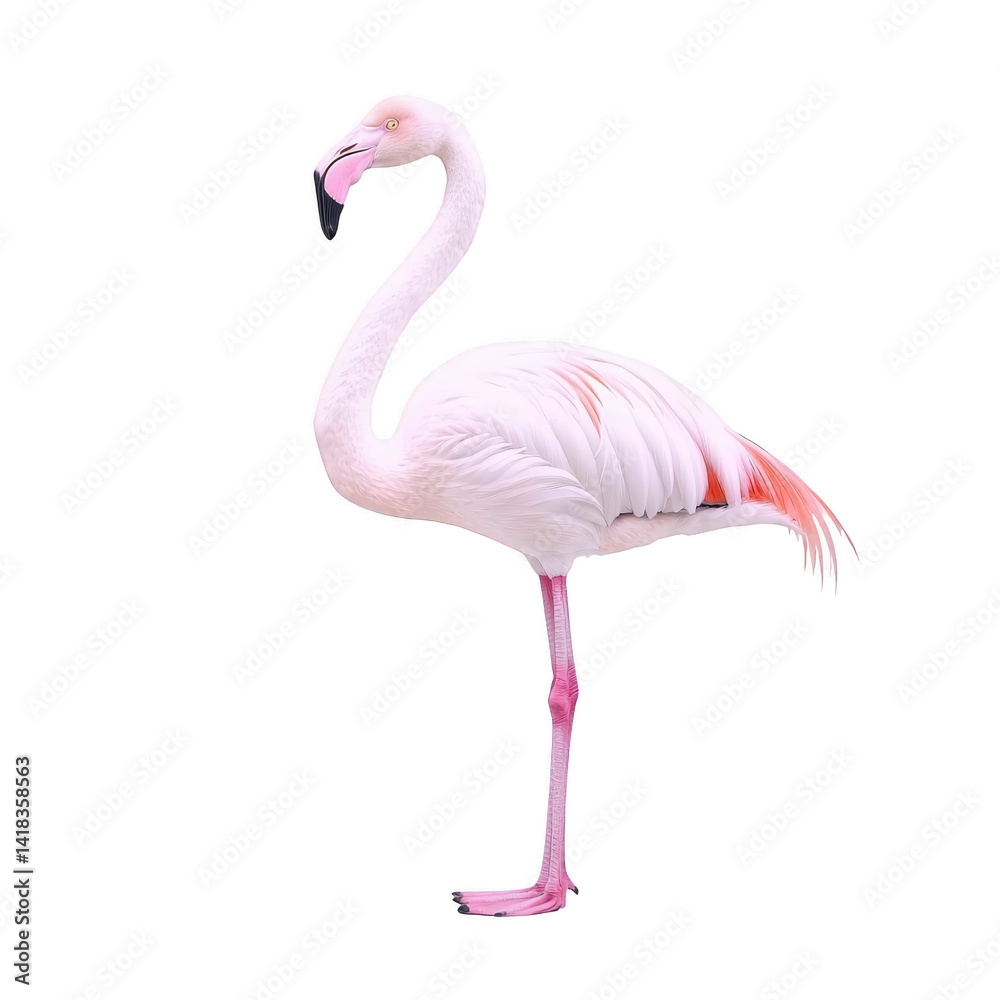 Fototapeta premium graceful flamingo stands on one leg, showcasing its elegant pink and white plumage against plain background. bird long neck and slender legs add to its striking appearance