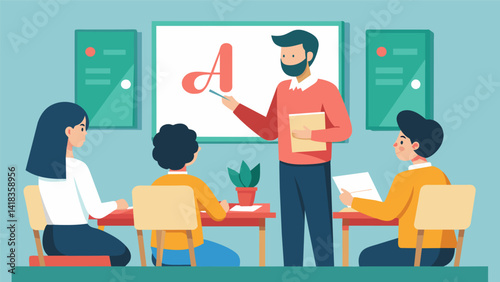 An instructor at the front of the room demonstrating proper letter formation and spacing as participants follow along on their own writing pads.. Vector illustration