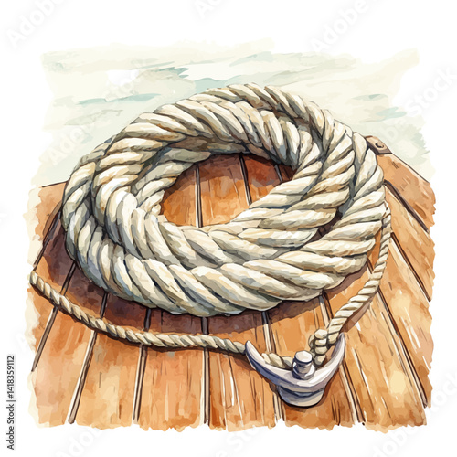 watercolor of Coiled Anchor Rope On Deck, vector, isolated on a white background.
