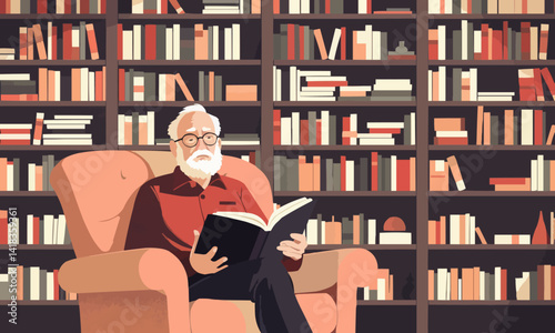 old man in bookstore vector flat minimalistic isolated illustration