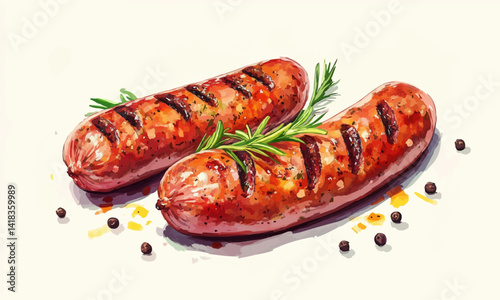 In this close-up you can see two grilled sausages with grill marks, peppercorns, and rosemary on a light background. Not just for illustrations, but also for illustrating the keto or carnivore diets