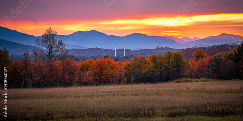 Breathtaking Autumn Landscape with Wind Turbines at Sunset, Vibrant Fall Foliage, Majestic Mountains in Background.