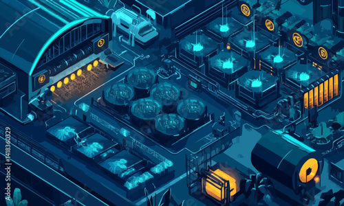 Isometric cryptomining farm concept banner. Modern concept of digital Crypto Mining technology. Crypto currency mining concept dollar coin. Blockchain Farm composition. Isometric illustration