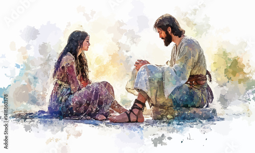 Jesus and the woman who anointed his feet depicted in a digital watercolor painting on a white background.