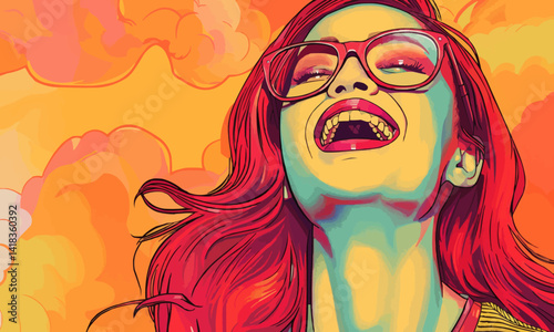 Joyful asian woman with vibrant red hairstyle and glasses. image