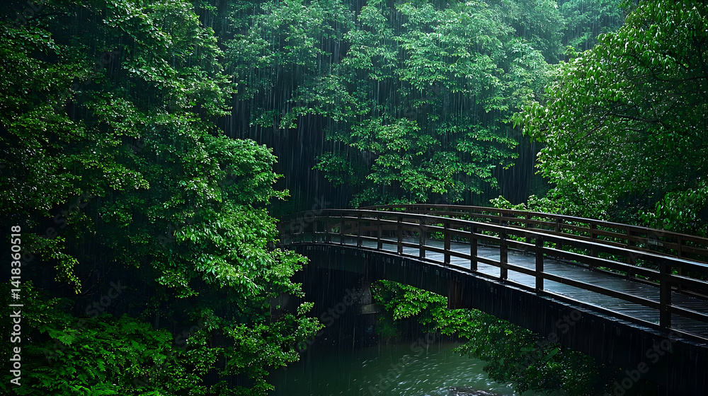 Rainy Forest Bridge Through Lush Green Canopy Rainy Forest Bridge Through Lush Green Canopy