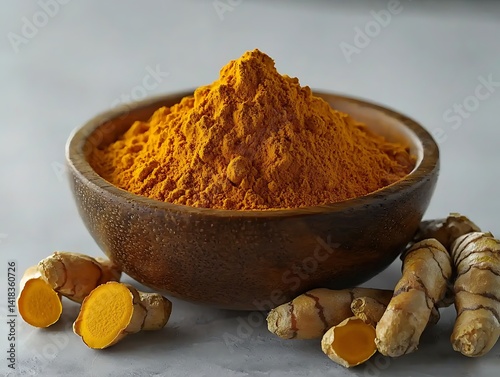 Turmeric powder in a wooden bowl, alongside fresh turmeric root pieces.