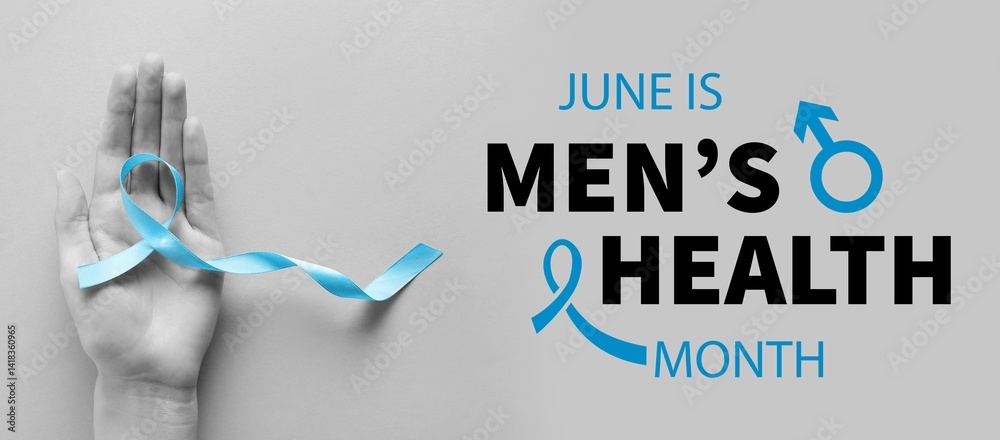 Hand with blue ribbon on grey background. Banner for Men's Health Month