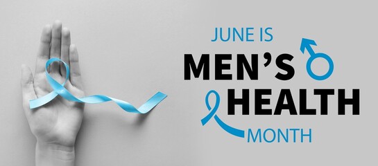 Hand with blue ribbon on grey background. Banner for Men's Health Month