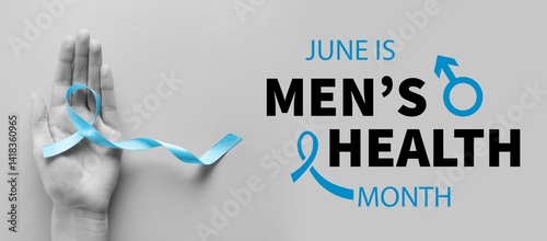 Obraz na płótnie Hand with blue ribbon on grey background. Banner for Men's Health Month w salonie