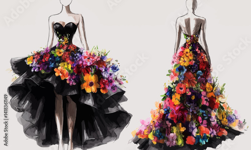 Long black evening dress sketch. Gown made from flowers colourful flowers, long flared skirt with oversized layers, elegant.