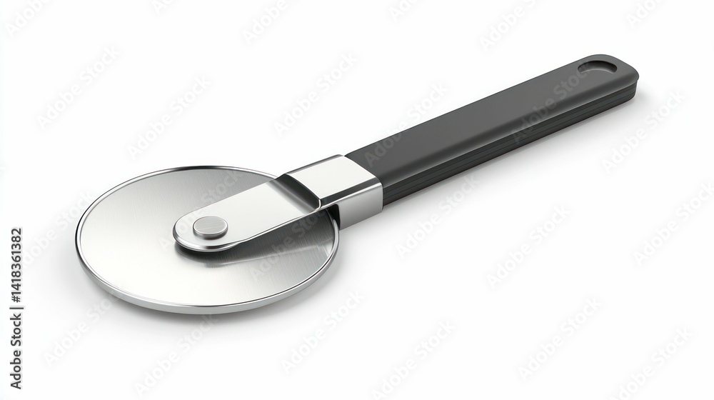 A minimalist, clean image of a pizza cutter with a stainless steel blade. A minimalist, clean image of a pizza cutter with a stainless steel blade.