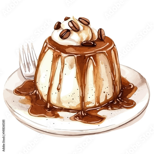 Coffee-flavored Panna Cotta With Caramel Drizzle, vector watercolor illustration, isolated on a white background.