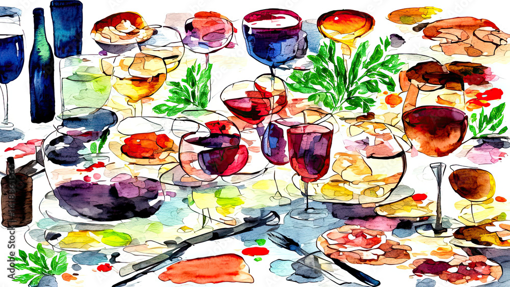 Colorful wine glasses and bottles in painted table scene Colorful wine glasses and bottles in painted table scene