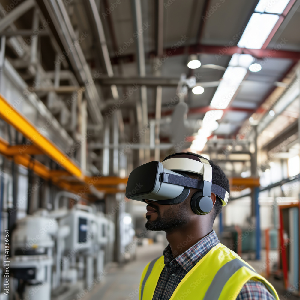 Virtual Reality Experience in Industrial Setting with Safety Gear and Technology Integration, copy space for text. Virtual Reality Experience in Industrial Setting with Safety Gear and Technology Integration, copy space for text.