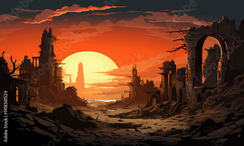 ruined city, ruined buildings, vector, flat, isolated