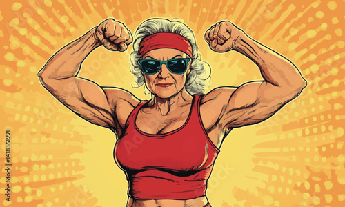 Senior Fitness: Strong Elderly Woman Flexing Muscles
